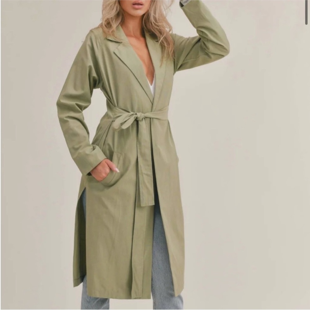 SAGE THE LABEL Matcha. Minimalist Lagenlook Belted Long Jacket Size M - Picture 2 of 4